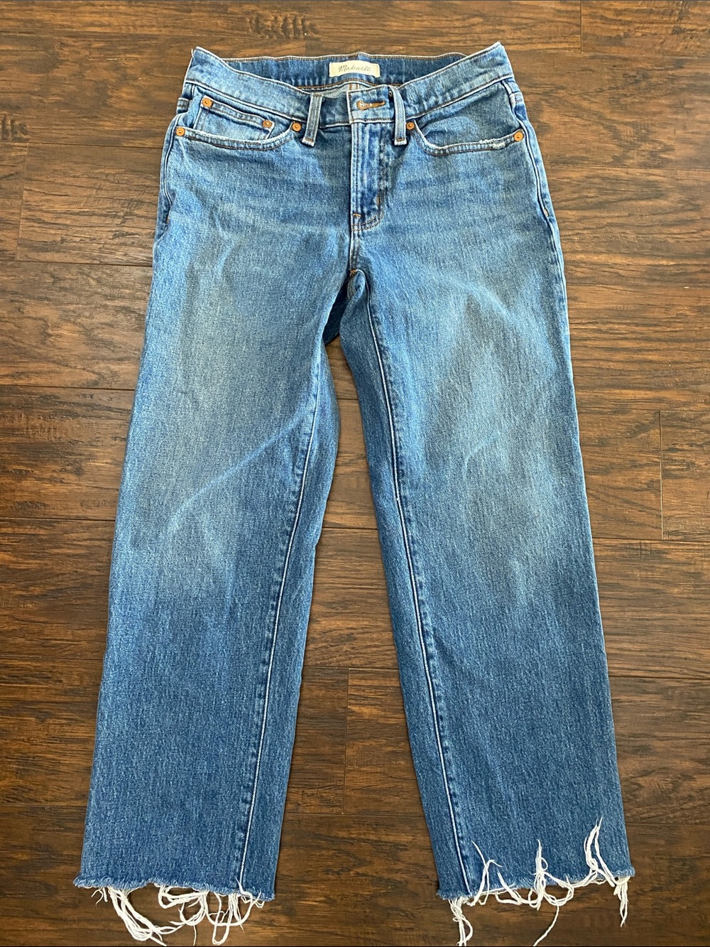 Madewell Blue Straight Jeans with Frayed Hem